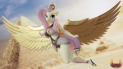 Size: 3840x2160 | Tagged: safe, alternate character, alternate version, artist:loveslove, fluttershy, pegasus, anthro, plantigrade anthro, g4, 3d, 4k, belly, belly button, blurry background, breasts, busty fluttershy, clothes, egypt, egyptian, egyptian headdress, egyptian pony, feet, female, flying, high res, nail polish, pyramid, sandals, solo, toenail polish, wings