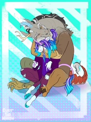 Size: 1535x2048 | Tagged: safe, artist:eversowillow, discord, oc, oc:lavender maelstrom, draconequus, unicorn, anthro, g4, abstract background, blushing, canon x oc, clothes, duo, facial hair, gay, goatee, horn, hug, hug from behind, leonine tail, male, tail, unshorn fetlocks