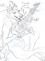 Size: 1535x2048 | Tagged: safe, artist:eversowillow, discord, draconequus, anthro, g4, alternate design, black and white, bridge piercing, dialogue, ear piercing, earring, electric guitar, eyebrow piercing, grayscale, guitar, horn, horn ring, jewelry, lip piercing, lip ring, male, monochrome, musical instrument, nudity, piercing, playing instrument, pubic fluff, ring, sitting, sketch, solo, speech bubble, tongue piercing, watermark