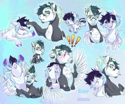 Size: 2048x1707 | Tagged: safe, artist:eversowillow, oc, oc only, pegasus, pony, armpits, beard, blushing, chest fluff, drool, duo, ear piercing, earring, eyebrow piercing, facial hair, facial markings, female, hug, jewelry, looking at each other, looking at someone, male, mare, oc x oc, piercing, ribcage, screaming, shipping, sleeping, stallion, straight, tears of fear, unshorn fetlocks