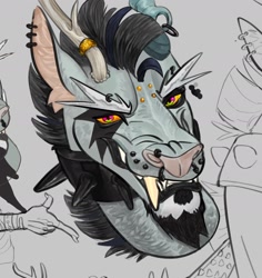 Size: 1632x1726 | Tagged: safe, artist:eversowillow, discord, draconequus, g4, alternate design, bridge piercing, collar, ear piercing, earring, eyebrow piercing, facial hair, goatee, horn, horn ring, jewelry, male, metal, nose piercing, nose ring, piercing, ring, solo, spiked collar