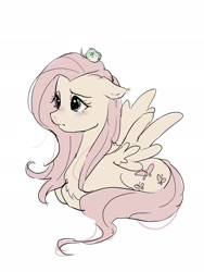 Size: 1536x2048 | Tagged: safe, artist:g5p7r, fluttershy, bird, pegasus, pony, g4, bird on head, blushing, chest fluff, female, lighter coat, lying down, mare, prone, simple background, solo, white background