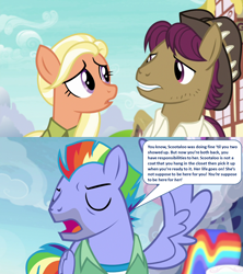 Size: 1280x1440 | Tagged: artist needed, safe, anonymous artist, edit, edited screencap, screencap, bow hothoof, mane allgood, snap shutter, pegasus, pony, g4, parental glideance, the last problem, alternate ending, alternate scenario, angry, calling out, clothes, comic, eyes closed, female, gritted teeth, hat, headcanon, headcanon in the description, implied scootaloo, jacket, lecture, looking at each other, looking at someone, lou smith, male, mare, open mouth, reference in the description, reference to another series, scolding, speech, stallion, talking, teeth, text, text box, the fresh prince of bel-air, trio, uncle phil, wing hands, wings, worried