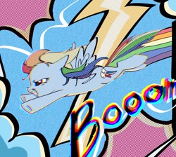 Size: 1279x1146 | Tagged: safe, artist:g5p7r, rainbow dash, pegasus, pony, g4, female, flying, mare, onomatopoeia, screentone, smiling, solo, sonic rainboom