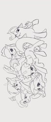 Size: 857x2048 | Tagged: safe, artist:g5p7r, applejack, fluttershy, pinkie pie, rainbow dash, rarity, twilight sparkle, earth pony, pegasus, pony, unicorn, g4, applejack's hat, black and white, cowboy hat, cupcake, female, flying, food, gray background, grayscale, hat, mane six, mare, monochrome, simple background, unicorn twilight