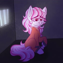 Size: 2048x2048 | Tagged: safe, artist:kittycocoa69, horse, barely pony related, candi (wild manes), clothes, commissioner:rainbowdash69, cuffed, cuffs, jumpsuit, never doubt rainbowdash69's involvement, prison outfit, prisoner, shackles, wild manes