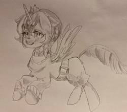 Size: 2048x1797 | Tagged: safe, artist:g5p7r, oc, oc only, alicorn, pony, alicorn oc, black and white, choker, clothes, ear piercing, earring, female, grayscale, horn, jewelry, mare, monochrome, pants, piercing, sketch, solo, sweater, tiara, wings