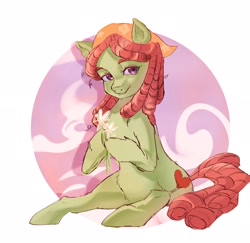 Size: 2038x1977 | Tagged: safe, artist:g5p7r, tree hugger, earth pony, pony, g4, abstract background, female, flower, mare, sitting, solo