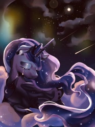 Size: 1522x2048 | Tagged: safe, artist:g5p7r, princess luna, alicorn, pony, g4, cloud, crying, female, hoof shoes, jewelry, mare, night, on a cloud, peytral, regalia, shooting star, solo, stars