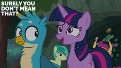 Size: 2000x1125 | Tagged: safe, edit, edited screencap, editor:quoterific, screencap, gallus, sandbar, smolder, twilight sparkle, alicorn, g4, the end in friend, closed mouth, concerned, eyes open, open mouth, twilight sparkle (alicorn), worried