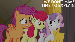 Size: 2000x1125 | Tagged: safe, edit, edited screencap, editor:quoterific, screencap, apple bloom, scootaloo, sweetie belle, pony, g4, growing up is hard to do, season 9, closed mouth, concerned, cutie mark crusaders, eyes open, female, older, older apple bloom, older cmc, older scootaloo, older sweetie belle, open mouth, spread wings, trio, trio female, wings, worried