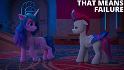 Size: 2000x1125 | Tagged: safe, edit, edited screencap, editor:quoterific, screencap, izzy moonbow, zipp storm, pegasus, pony, unicorn, g5, my little pony: make your mark, my little pony: make your mark chapter 2, the traditional unicorn sleep-over, crystal brighthouse, dark, duo, duo female, ears back, female, folded wings, horn, mare, raised hoof, sad, standing on two hooves, wings