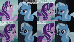 Size: 2000x1125 | Tagged: safe, edit, edited screencap, editor:quoterific, screencap, starlight glimmer, trixie, pony, unicorn, g4, no second prances, season 6, bedroom eyes, duo, duo female, eyebrows, female, horn, mare, multicolored hair, multicolored mane, multicolored tail, open mouth, raised eyebrow, raised hoof, tail, text