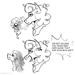Size: 1500x1500 | Tagged: safe, artist:amendokat, cozy glow, princess flurry heart, alicorn, pegasus, pony, g4, 2 panel comic, angry, blush lines, blushing, bow, comic, cozy glow's bow, crying, curly hair, curly mane, dialogue, duo, duo female, female, hair bow, horn, i'm not calling you good boy, lesbian, mare, meme, older, older cozy glow, older flurry heart, open mouth, ponified meme, ship:cozyheart, shipping, simple background, text, unamused, white background