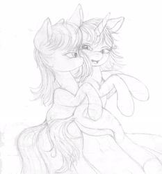 Size: 2550x2740 | Tagged: safe, artist:styroponyworks, dj pon-3, octavia melody, vinyl scratch, earth pony, pony, unicorn, g4, cheek kiss, cuddling, duo, duo female, female, horn, kissing, lesbian, monochrome, ship:scratchtavia, shipping, sketch, traditional art