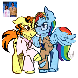 Size: 2700x2700 | Tagged: safe, artist:mitexcel, rainbow dash, oc, oc:merille artienda, pegasus, pony, unicorn, g4, crossdressing, crossover, duo, female, horn, lesbian, nonbinary, orange mane, orange tail, ponysona, reference included, rocky horror picture show, ship:merilledash, tail, yellow coat