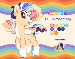 Size: 1005x795 | Tagged: safe, artist:mimaoartz, oc, oc only, oc:aramos, pegasus, pony, bags under eyes, blaze (coat marking), bridge piercing, brown eyes, chest fluff, coat markings, color palette, colored belly, colored eartips, colored hooves, colored muzzle, colored wings, curly mane, curly tail, ear fluff, ear piercing, earring, eyelashes, facial markings, folded wings, hooves, jewelry, light yellow background, lip piercing, looking down, mismatched hooves, multicolored background, multicolored hair, multicolored hooves, multicolored mane, multicolored tail, multicolored wings, nonbinary, nonbinary oc, one wing out, open mouth, open smile, orange coat, pale belly, pegasus oc, piercing, ponysona, pronouns, rainbow hair, rainbow tail, rainbow text, rainbow wings, raised hoof, reference sheet, shiny hooves, short mane, short tail, smiling, snake bites, socks (coat markings), solo, standing, standing on three hooves, tail, text, two toned ears, wall of tags, white belly, white wings, wings