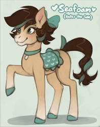 Size: 945x1202 | Tagged: safe, artist:marsminer, oc, oc only, oc:seafoam, horse, bow, choker, female, hair bow, mare, not cocoa (wild manes), raised hoof, saddle, smiling, solo, tack, tail, wild manes, wild manes oc