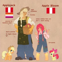 Size: 2048x2048 | Tagged: safe, artist:cryweas, apple bloom, applejack, earth pony, human, g4, alternate hairstyle, apple, apple sisters, applejack's hat, apron, basket, boots, bracelet, brown background, clothes, cowboy hat, denim, dirt, duo, duo female, farmer's tan, female, filly, flag, foal, food, freckles, gloves, hat, headcanon, humanized, implied appledash, implied lesbian, implied rainbow dash, implied shipping, jeans, jewelry, lesbian pride flag, mare, muscles, overalls, pants, peru, pride, pride flag, reference sheet, rubber gloves, shirt, shoes, siblings, simple background, sisters, sweater, wellington boots