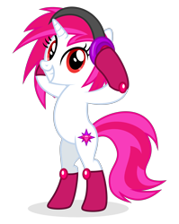 Size: 3000x3772 | Tagged: safe, artist:keronianniroro, oc, oc only, oc:dazzler, pony, unicorn, base used, bipedal, clothes, eyelashes, headphones, horn, long socks, looking at you, pink mane, pink socks, pink tail, raised hooves, recolor, red eyes, shadow, simple background, smiling, smiling at you, socks, solo, spiky mane, spiky tail, standing, stockings, striped mane, striped tail, tail, thigh highs, transparent background, two toned mane, two toned tail, unicorn oc, white coat