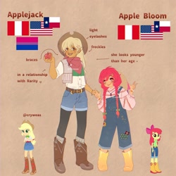 Size: 2048x2048 | Tagged: safe, artist:cryweas, apple bloom, applejack, human, equestria girls, g4, alternate hairstyle, american flag, apple, apple sisters, applejack's hat, bandana, belt, bisexual pride flag, boots, bracelet, braces, brown background, clothes, cowboy boots, cowboy hat, denim, denim shorts, duo, duo female, female, flag, food, freckles, grin, hat, headcanon, humanized, implied lesbian, implied rarijack, implied rarity, implied shipping, jewelry, leggings, muscles, overalls, peru, pride, pride flag, reference sheet, shirt, shoes, shorts, siblings, simple background, sisters, skirt, smiling, socks, sweater, vest, wellington boots