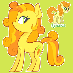 Size: 5000x5000 | Tagged: safe, artist:pilesofmiles, carrot top, golden harvest, earth pony, pony, g4, alternate coat color, alternate color palette, alternate design, alternate mane color, alternate tail color, curly hair, doodle, eyelashes, green background, looking back, multicolored hair, multicolored mane, outline, profile, redesign, show accurate, simple background, sketch, smiling, solo, three toned mane, three toned tail