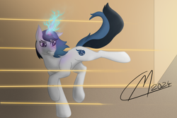 Size: 4774x3191 | Tagged: safe, artist:maître cervidé, oc, oc only, oc:justice star, unicorn, female, horn, lightning, magic, one-eyed, running, scar, shooting, signature, solo