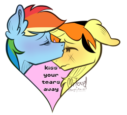 Size: 2196x2000 | Tagged: safe, artist:mitexcel, rainbow dash, oc, oc:merille artienda, pegasus, pony, unicorn, g4, comforting, female, heart, horn, lesbian, nonbinary, orange mane, orange tail, tail, yellow coat