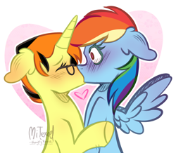 Size: 2000x1740 | Tagged: safe, artist:mitexcel, oc, oc:merille artienda, pegasus, pony, unicorn, g4, blushing, female, glasses, horn, kiss on the lips, kissing, lesbian, nonbinary, orange mane, ship:merilledash, yellow coat