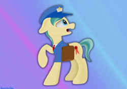 Size: 3508x2480 | Tagged: safe, artist:samenandsam, proper postal, crystal pony, pony, g4, bag, clothes, gradient background, hat, high res, looking at something, mailpony, mailpony uniform, male, open mouth, postman's hat, saddle bag, solo, stallion, surprised, uniform