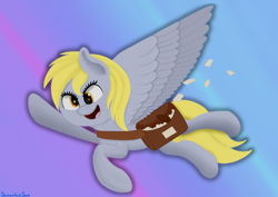 Size: 3508x2480 | Tagged: safe, artist:samenandsam, derpy hooves, pegasus, pony, g4, bag, female, flying, gradient background, happy, high res, letter, looking at something, mail, mailmare, mailpony, mailpony uniform, mare, open mouth, saddle bag, solo, spread wings, wings