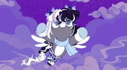 Size: 7212x4000 | Tagged: safe, artist:michiharas, oc, oc only, oc:oreo cream, pegasus, pony, :3, absurd resolution, black and white mane, black and white tail, blue bow, blue eyes, blue scarf, bow, clothes, coat markings, colored belly, colored hooves, colored pupils, colored wings, colored wingtips, eye clipping through hair, facial markings, female, female oc, flying, fringe, garters, gray coat, hair accessory, hair bow, hairclip, heart, heart eyes, hooves, leg markings, long mane, long tail, mane accessory, mane clip, mare, mare oc, mismatched hooves, night, outdoors, pale belly, scarf, shiny hooves, snip (coat marking), socks, socks (coat markings), solo, speckled, spread wings, tail, two toned mane, two toned tail, two toned wings, white belly, white wingtips, wingding eyes, wings