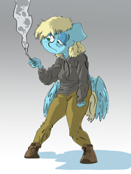 Size: 3600x4800 | Tagged: safe, artist:ponny, oc, oc only, oc:steam cloud, pegasus, anthro, plantigrade anthro, anthro oc, bags under eyes, blonde mane, blonde tail, blue coat, boots, cigarette, cigarette smoke, clothes, colored, commission, eyelashes, floppy ears, gradient background, gray hoodie, green eyes, holding, hoodie, lidded eyes, looking at something, no catchlights, no pupils, pants, partially open wings, pegasus oc, sad, shadow, shoes, smoke, smoking, solo, standing, tail, wings