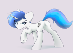 Size: 3000x2200 | Tagged: safe, artist:o0o-bittersweet-o0o, oc, oc only, oc:shifting gear, pony, unicorn, big ears, blue mane, blue tail, butt, butt fluff, cheek fluff, commission, concave belly, ear fluff, eye clipping through hair, eyelashes, featureless crotch, green eyes, horn, looking at you, male, male oc, narrowed eyes, plot, raised hoof, side view, simple background, slender, smiling, smirk, solo, stallion, stallion oc, standing, standing on three hooves, tail, thin, two toned mane, two toned tail, underhoof, unicorn oc, white coat, ych result