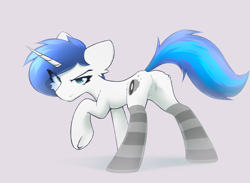 Size: 3000x2200 | Tagged: safe, alternate version, artist:o0o-bittersweet-o0o, oc, oc only, oc:shifting gear, pony, unicorn, big ears, blue mane, blue tail, butt, butt fluff, cheek fluff, clothes, commission, concave belly, ear fluff, eye clipping through hair, eyelashes, featureless crotch, green eyes, horn, looking at you, male, male oc, narrowed eyes, plot, raised hoof, side view, simple background, slender, smiling, smirk, socks, solo, stallion, stallion oc, standing, standing on three hooves, striped socks, tail, thin, two toned mane, two toned tail, underhoof, unicorn oc, white coat, ych result