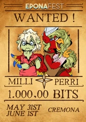 Size: 846x1200 | Tagged: safe, artist:roxymadn3ss, oc, oc only, oc:milli, earth pony, griffon, pony, duo, eponafest, poster, wanted poster