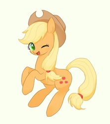 Size: 1206x1357 | Tagged: safe, artist:qktlik, applejack, earth pony, pony, g4, female, light yellow background, looking at you, mare, one eye closed, open mouth, smiling, smiling at you, wink