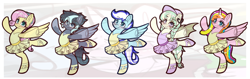 Size: 3290x1045 | Tagged: oc name needed, safe, artist:chiefywiffy, fluttershy, oc, oc:cazadora tormenta, oc:snowy pop, alicorn, bat pony, pegasus, pony, g4, alicorn oc, alternate hairstyle, ballerina, ballet slippers, bat pony oc, blue eyes, blush lines, blushing, braid, braided ponytail, braided tail, clothes, commission, crossdressing, ear piercing, earring, female, freckles, hat, horn, jewelry, lavender eyes, male, mare, not minuette, obtrusive watermark, pegasus oc, piercing, ponytail, purple eyes, slit pupils, stallion, tail, teal eyes, tutu, watermark, wings, ych result