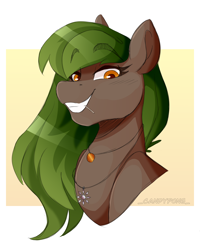 Size: 2000x2500 | Tagged: safe, artist:_candypone_, oc, oc only, oc:cassandra aces, earth pony, amulet, blush lines, blushing, brown coat, brown pupils, bust, chaos star, colored eyebrows, colored pupils, earth pony oc, eyebrows, eyebrows visible through hair, female, green mane, hatching (technique), jewelry, long mane, looking down, necklace, orange eyes, passepartout, portrait, shiny mane, signature, simple background, smiling, solo, toothpick, white background