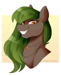 Size: 2000x2500 | Tagged: safe, artist:_candypone_, oc, oc only, oc:cassandra aces, earth pony, amulet, blush lines, blushing, brown coat, brown pupils, bust, chaos star, colored eyebrows, colored pupils, earth pony oc, eyebrows, eyebrows visible through hair, female, green mane, hatching (technique), jewelry, long mane, looking down, necklace, orange eyes, passepartout, portrait, shiny mane, signature, smiling, solo, toothpick