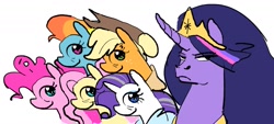 Size: 2155x974 | Tagged: safe, artist:nyunnenai, applejack, fluttershy, pinkie pie, rainbow dash, rarity, twilight sparkle, alicorn, earth pony, pegasus, pony, unicorn, g4, group, horn, i'm not calling you good boy, looking at someone, mane six, meme, older, older twilight, older twilight sparkle (alicorn), princess twilight 2.0, simple background, twilight sparkle (alicorn), twilight sparkle is not amused, unamused, white background