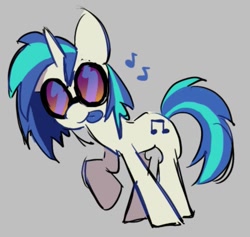 Size: 743x703 | Tagged: safe, artist:appledash3r_, dj pon-3, vinyl scratch, pony, unicorn, g4, :p, big ears, blue mane, blue tail, blue tongue, colored sketch, colored tongue, female, gray background, horn, looking at you, mare, music notes, raised hoof, requested art, simple background, sketch, smiling, smiling at you, solo, standing, standing on three hooves, striped mane, striped tail, tail, tongue out, two toned mane, two toned tail, vinyl's glasses, white coat