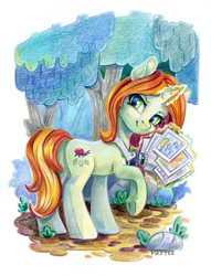 Size: 575x752 | Tagged: safe, artist:maytee, crackle cosette, queen chrysalis, pony, unicorn, g4, camera, colored pencil drawing, disguise, disguised changeling, horn, magic, magic aura, photos, solo, telekinesis, traditional art, underhoof