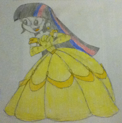 Size: 713x720 | Tagged: safe, artist:rarity525, twilight sparkle, human, equestria girls, g4, beauty and the beast, belle, clothes, cute, disney, disney princess, dress, ear piercing, earring, evening gloves, female, gloves, gown, jewelry, long gloves, open mouth, open smile, piercing, smiling, solo, twiabetes