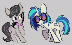 Size: 1553x965 | Tagged: safe, artist:appledash3r_, dj pon-3, octavia melody, vinyl scratch, earth pony, pony, unicorn, g4, :p, big ears, blue mane, blue tail, blue tongue, bowtie, colored sketch, colored tongue, duo, duo female, eyelashes, female, gray background, gray coat, gray mane, gray tail, horn, looking at someone, looking at you, mare, music notes, no catchlights, no pupils, octavia's bowtie, pink bow, raised hoof, requested art, simple background, sketch, smiling, smiling at someone, smiling at you, standing, standing on three hooves, striped mane, striped tail, tail, tongue out, two toned mane, two toned tail, vinyl's glasses, white coat