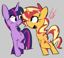 Size: 1099x1007 | Tagged: safe, artist:appledash3r_, sunset shimmer, twilight sparkle, pony, unicorn, g4, bangs, big eyes, colored sketch, duo, duo female, emanata, eye clipping through hair, eyelashes, female, gray background, horn, looking at each other, looking at someone, mare, no catchlights, no pupils, open mouth, open smile, orange coat, purple coat, raised hoof, requested art, simple background, sketch, smiling, smiling at each other, straight mane, straight tail, striped mane, striped tail, tail, three toned mane, three toned tail, two toned mane, two toned tail, unicorn horn, unicorn twilight