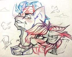 Size: 2048x1623 | Tagged: safe, artist:tlen borowski, oc, oc only, hybrid, pony, adam's apple, clothes, collar, duo, ear fluff, female, horn, horns, hybrid oc, licking, male, multicolored hair, sketch, straight, tail, tongue out, traditional art