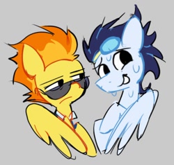 Size: 1110x1057 | Tagged: safe, artist:appledash3r_, soarin', spitfire, pegasus, pony, g4, blue coat, bust, clothes, colored sketch, drill sergeant, duo, duo male and female, female, frown, goggles, goggles on head, gray background, lidded eyes, light blue coat, looking at someone, male, narrowed eyes, necktie, nervous, nervous smile, no catchlights, no pupils, orange mane, partially open wings, raised hoof, requested art, ship:soarinfire, shipping, simple background, sketch, smiling, spiky mane, spitfire is not amused, spitfire's tie, straight, sunglasses, sweat, sweating profusely, two toned mane, unamused, uniform, wings, wings down, wonderbolts dress uniform, yellow coat