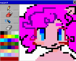 Size: 461x372 | Tagged: safe, artist:dddddaxie998839, pinkie pie, earth pony, anthro, g4, art program in frame, big eyes, blue eyes, blush sticker, blushing, bust, colored eyebrows, colored eyelashes, curly mane, digital art, female, no catchlights, no pupils, pink coat, pink eyelashes, pink mane, pixel art, roblox, smiling, solo