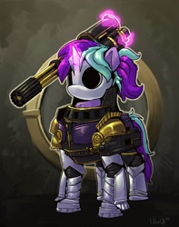 Size: 2600x3300 | Tagged: safe, artist:uteuk, oc, oc only, unicorn, armor, face mask, female, horn, magic, mare, mask, minigun, power armor, telekinesis, weapon